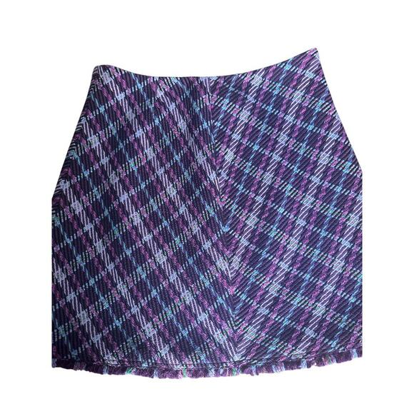 Kate Spade Pink Blue Purple Plaid Metallic Tweed Mini Skirt Fringe Hem Sz 12 - Picture 3 of 7